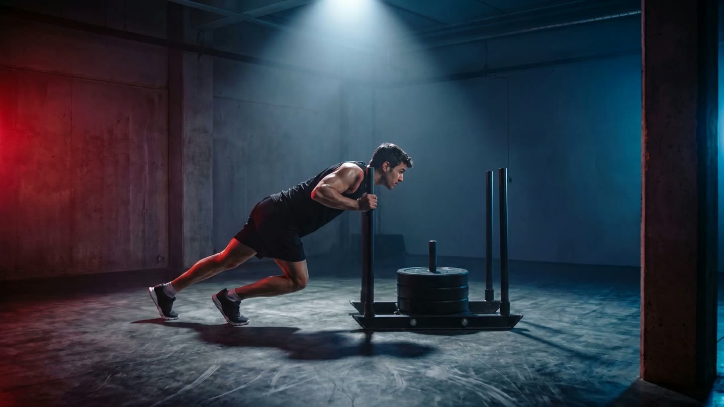 Atleta durante uno sled push HYROX